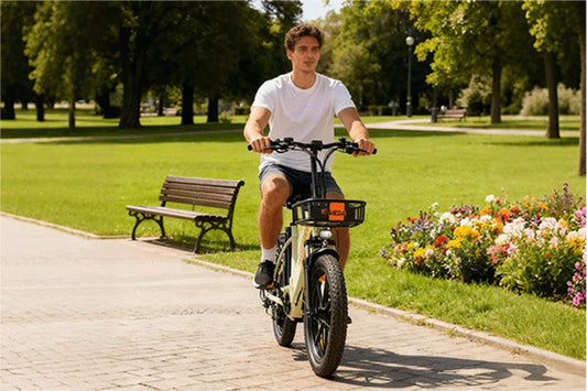 Kaisda electric bike rider commuting through UK city streets