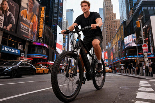 Kaisda electric bike rider commuting through modern UK city street